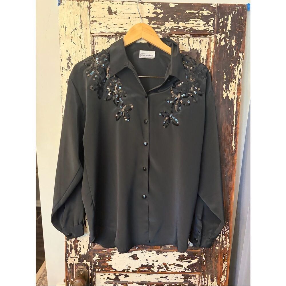 Impressions vintage Black Sequin Embellished Button-Up Top. Women’s XL.